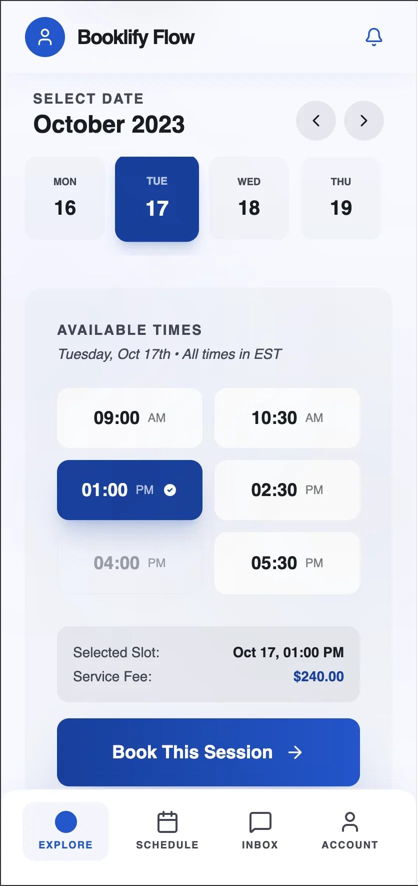 Booklify booking flow mobile app screen