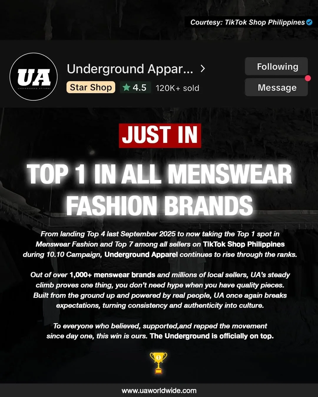 TikTok Shop Philippines announcement: Underground Apparel ranked top 1 in all menswear fashion brands