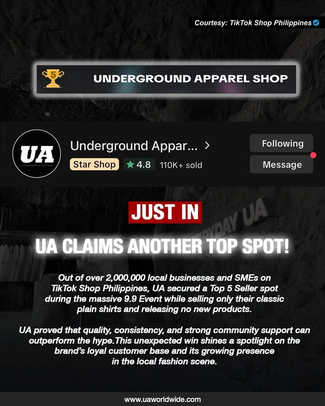 TikTok Shop Philippines announcement: Underground Apparel ranked a top 5 seller in the 9.9 event